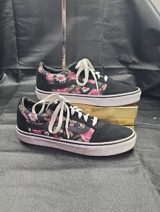 Vans Shoes - Vans Black Low-Top Sneakers with Pink Floral Panels Womens Sz. 8